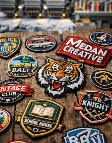 Berbagai bentuk bordir emblem Medan kustom dengan detail jahitan yang rapat dan pilihan warna benang yang cerah.