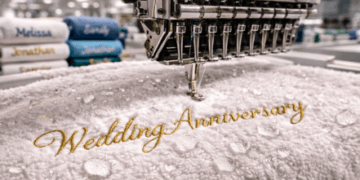 Detail jahitan presisi menggunakan benang emas pada layanan bordir handuk Medan untuk kebutuhan kado premium.