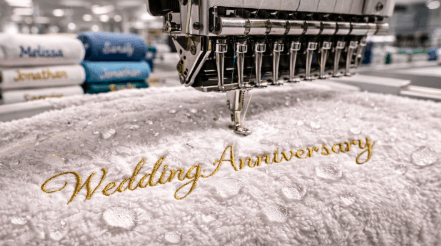 Detail jahitan presisi menggunakan benang emas pada layanan bordir handuk Medan untuk kebutuhan kado premium.