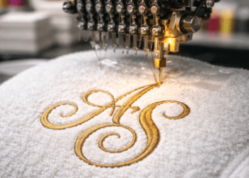 Proses produksi bordir handuk Medan menggunakan teknik sulam komputer dengan benang emas mengkilap untuk inisial nama pada handuk souvenir pernikahan yang mewah.