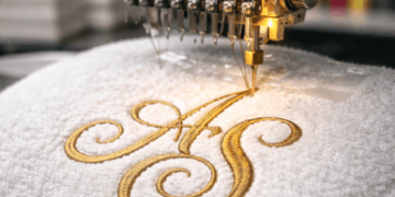 Proses produksi bordir handuk Medan menggunakan teknik sulam komputer dengan benang emas mengkilap untuk inisial nama pada handuk souvenir pernikahan yang mewah.