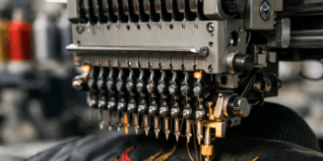 Proses pengerjaan bordir jaket Medan untuk logo punggung komunitas yang besar dan detail menggunakan mesin digital.