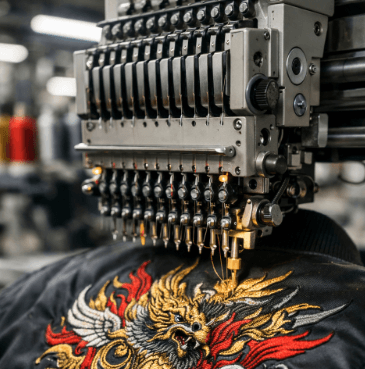 Proses pengerjaan bordir jaket Medan untuk logo punggung komunitas yang besar dan detail menggunakan mesin digital.