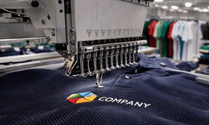 Mesin bordir digital sedang mengerjakan logo perusahaan pada bagian dada pusat bordir kaos polo Medan.