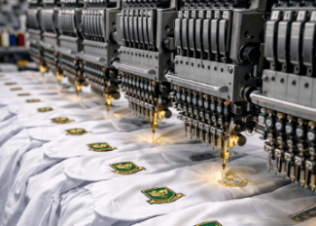 Proses produksi massal bordir seragam Medan menggunakan mesin komputer otomatis untuk logo atribut sekolah yang presisi.