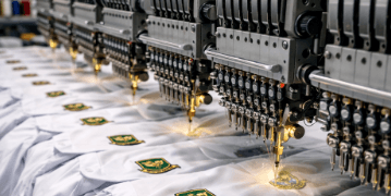 Proses produksi massal bordir seragam Medan menggunakan mesin komputer otomatis untuk logo atribut sekolah yang presisi.