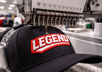 Mesin bordir komputer khusus sedang mengerjakan desain logo timbul pada layanan bordir topi Medan.