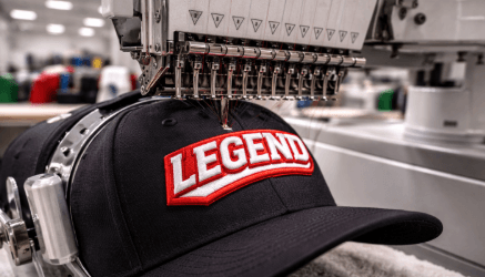 Mesin bordir komputer khusus sedang mengerjakan desain logo timbul pada layanan bordir topi Medan.