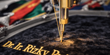 Proses pengerjaan bordir wisuda Medan untuk selempang nama gelar menggunakan benang emas mewah di atas kain bludru hitam.