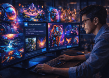 Infografis trik rancang visual lewat tulisan yang menampilkan warga mempraktikkan jurus buat gambar pakai teks.