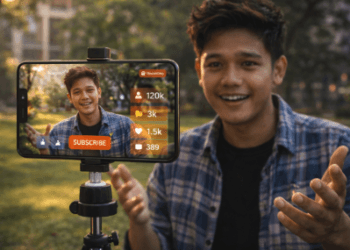 Infografis panduan bangun media hiburan maya yang menampilkan mahasiswa merintis kanal tayangan ponsel.