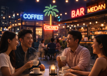 Suasana ramai dan hangat di salah satu cafe malam di Medan yang menjadi favorit anak muda untuk nongkrong.