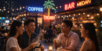 Suasana ramai dan hangat di salah satu cafe malam di Medan yang menjadi favorit anak muda untuk nongkrong.