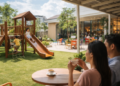Keluarga sedang bersantai di salah satu cafe ramah anak di Medan yang memiliki area bermain luas dan asri.