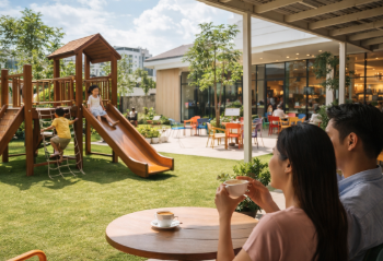 Keluarga sedang bersantai di salah satu cafe ramah anak di Medan yang memiliki area bermain luas dan asri.