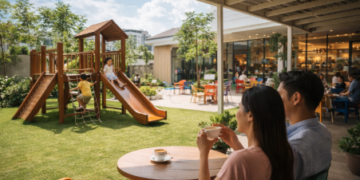 Keluarga sedang bersantai di salah satu cafe ramah anak di Medan yang memiliki area bermain luas dan asri.