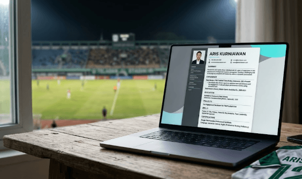 Tampilan desain resume profesional dalam panduan cara buat CV kerja di klub bola yang menarik perhatian perekrut tim besar.