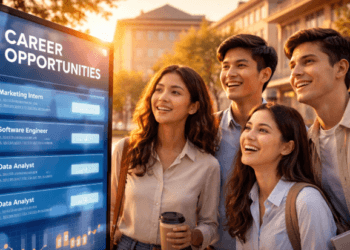 Sekelompok mahasiswa sedang mempraktekkan cara mencari tempat magang kampus 2026 di sebuah career center.