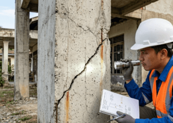 Seseorang sedang melakukan prosedur cara cek kerusakan struktur bangunan pada pilar rumah yang mengalami keretakan diagonal setelah gempa.