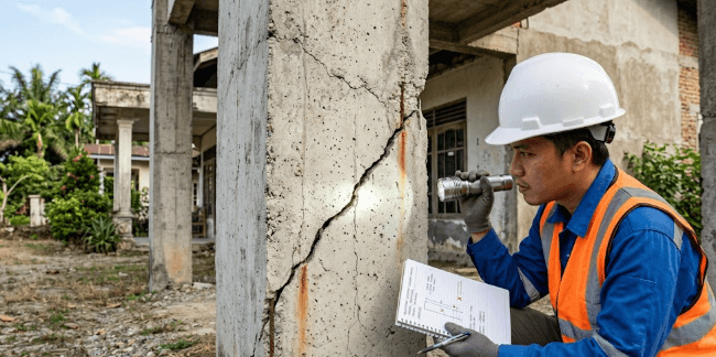 Seseorang sedang melakukan prosedur cara cek kerusakan struktur bangunan pada pilar rumah yang mengalami keretakan diagonal setelah gempa.