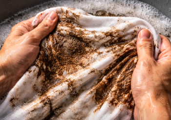 Langkah awal cara cuci baju berlumpur dengan teknik menyikat noda secara perlahan.