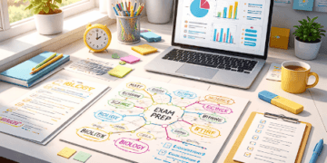 Tips dan cara efektif belajar menghadapi TKA SMP dengan suasana meja belajar yang rapi dan fokus.