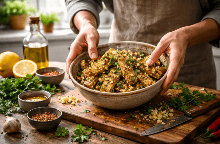 Proses menerapkan cara menghilangkan langu tempe paling cepat menggunakan bumbu rempah alami.