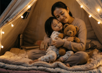 Seorang ibu menerapkan cara mengelola stres dan trauma pada anaknya dengan memberikan pelukan hangat setelah kejadian gempa bumi yang menakutkan.