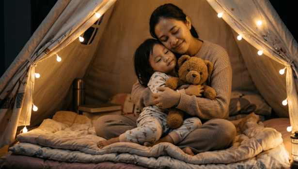 Seorang ibu menerapkan cara mengelola stres dan trauma pada anaknya dengan memberikan pelukan hangat setelah kejadian gempa bumi yang menakutkan.