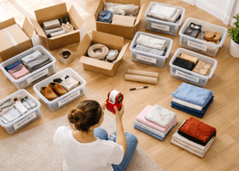 Proses penerapan cara kemas barang pindah kos yang rapi menggunakan kardus berlabel dan teknik pelipatan baju yang efisien.