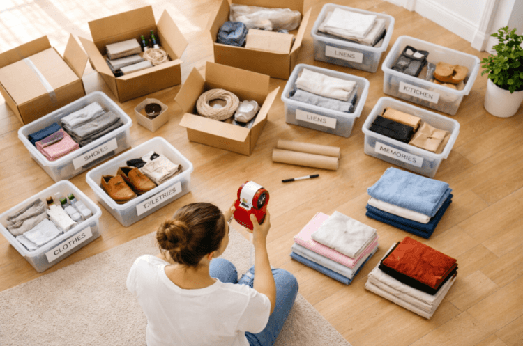 Proses penerapan cara kemas barang pindah kos yang rapi menggunakan kardus berlabel dan teknik pelipatan baju yang efisien.