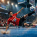Pemain futsal sedang melakukan teknik tendangan salto secara sempurna untuk mencetak gol ke gawang lawan.