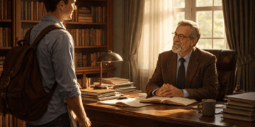 Ilustrasi mahasiswa yang sedang menerapkan cara meminta surat rekomendasi dosen secara sopan untuk keperluan beasiswa.