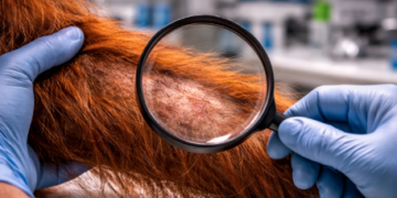 Pemeriksaan medis oleh dokter hewan untuk mendeteksi tanda-tanda awal penyakit kulit pada orangutan secara detail.