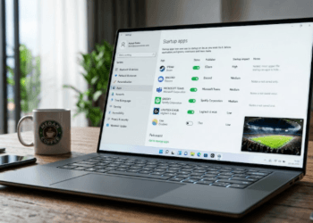 Panduan visual mengenai cara mengatur startup apps Windows 11 untuk meningkatkan performa laptop saat memutar video streaming.