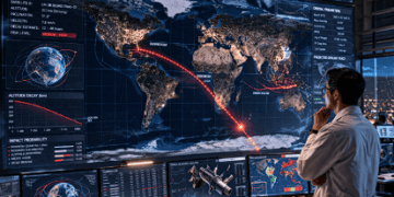 Ilustrasi ilmuwan yang sedang menganalisis jalur lintasan jatuh sampah antariksa melalui layar monitor komputer canggih.