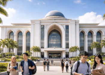 Foto gedung sekolah tinggi swasta Kota Medan megah memancarkan aura sukses penuntut ilmu.