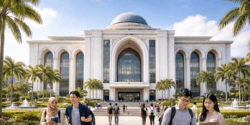 Foto gedung sekolah tinggi swasta Kota Medan megah memancarkan aura sukses penuntut ilmu.