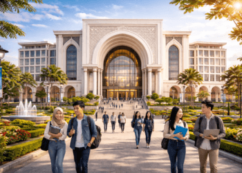 Visualisasi gedung institusi pendidikan Kota Medan megah memancarkan aura sukses calon sarjana.