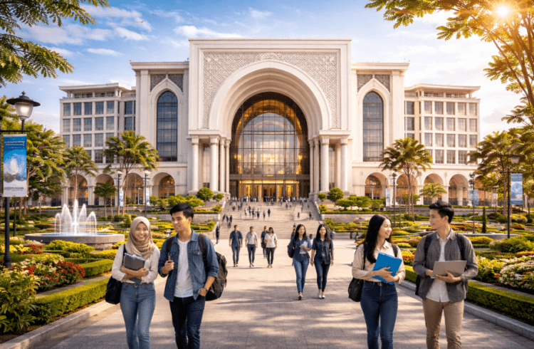 Visualisasi gedung institusi pendidikan Kota Medan megah memancarkan aura sukses calon sarjana.