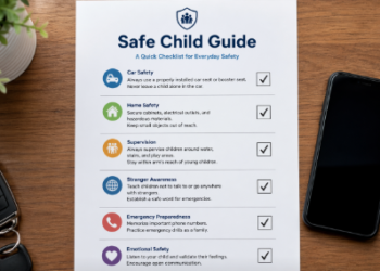 Visualisasi Panduan Keamanan Anak Terpadu dalam bentuk daftar periksa guna memudahkan orang tua dalam memantau keselamatan keluarga.