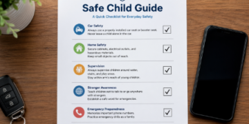 Visualisasi Panduan Keamanan Anak Terpadu dalam bentuk daftar periksa guna memudahkan orang tua dalam memantau keselamatan keluarga.
