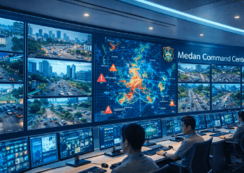 Suasana di dalam Command Center Medan yang menampilkan pemantauan seluruh sudut kota melalui layar digital raksasa secara waktu nyata.