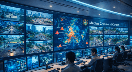 Suasana di dalam Command Center Medan yang menampilkan pemantauan seluruh sudut kota melalui layar digital raksasa secara waktu nyata.