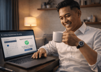 Infografis trik pesan jadwal wawancara maya yang menampilkan pekerja menerapkan jurus daftar antrean online Lapak Asik.