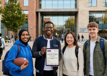 Mahasiswa sedang melihat panduan daftar beasiswa kuliah 2026 untuk mengejar gelar di bidang Manajemen Industri Olahraga internasional.