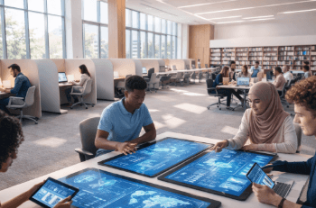 Mahasiswa memanfaatkan Fasilitas Universitas Unggul berupa ruang kolaborasi digital untuk mengerjakan proyek riset bersama.