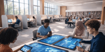 Mahasiswa memanfaatkan Fasilitas Universitas Unggul berupa ruang kolaborasi digital untuk mengerjakan proyek riset bersama.