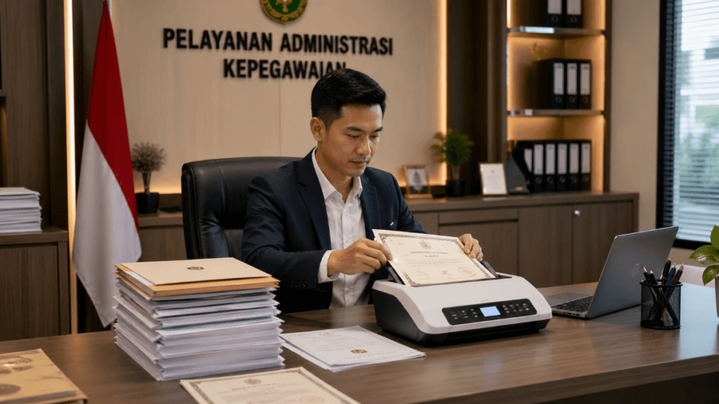 Foto pelamar profesional memindai dokumen pendidikan asli sebagai syarat pendaftaran seleksi aparatur sipil negara kementerian hukum,