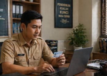 Foto pendidik profesional sedang menyusun berkas kelengkapan pendaftaran aparatur sipil negara di atas meja kerja,